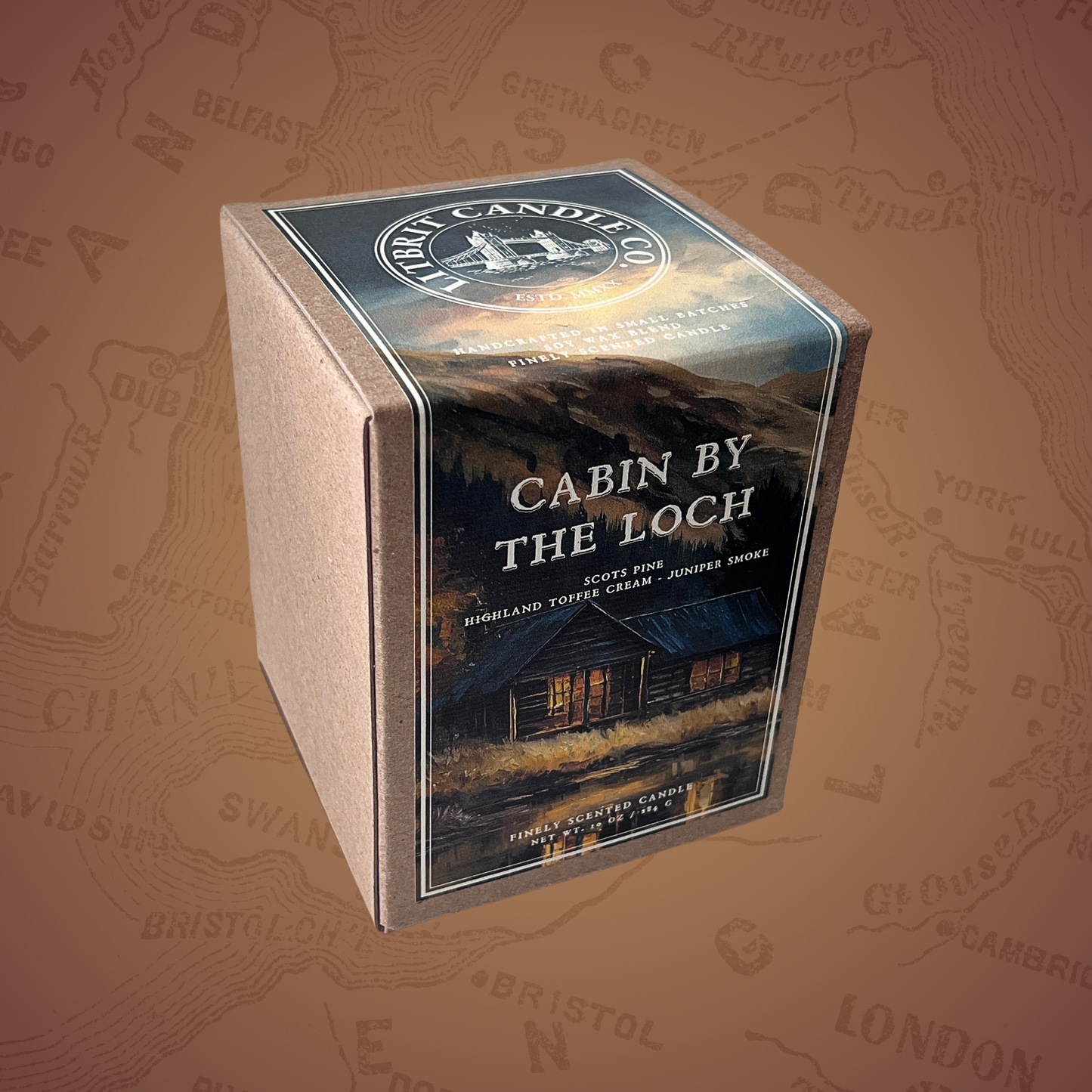 Candle box labeled 'Cabin by the Loch' on a map background