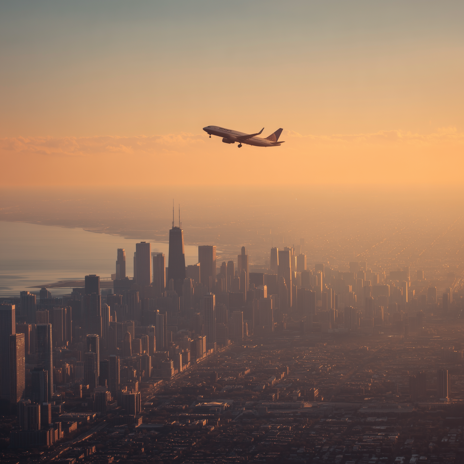 Airplane flying over a Chicago during sunset